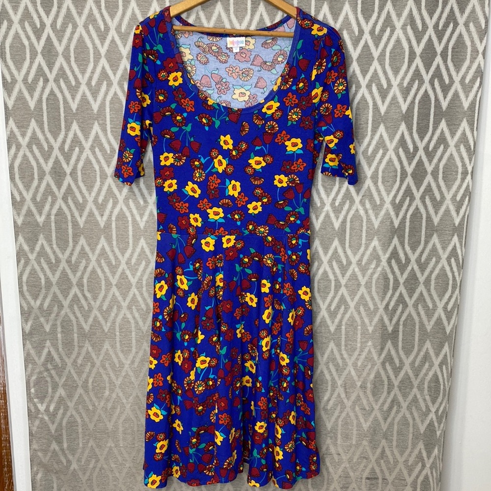 Lularoe Nicole Dress Blue Yellow & Red Floral Pattern Teacher Dress Size: Medium